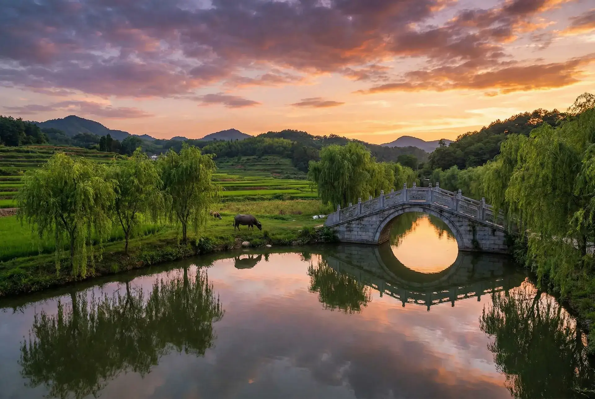 夕阳下的石拱桥与垂柳，水牛在河边吃草 - 家庭乱伦 乡村美景